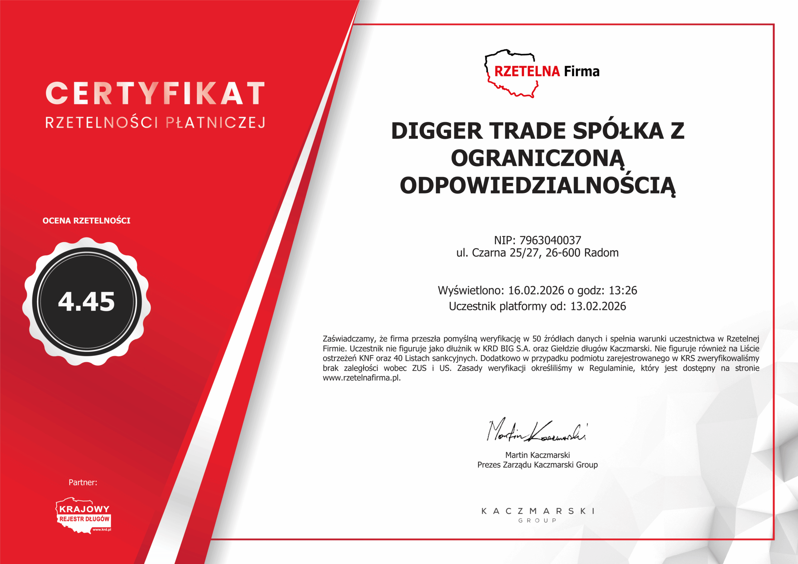 certyfikat Rzetelna Firma Digger Trade Sp. z o.o.