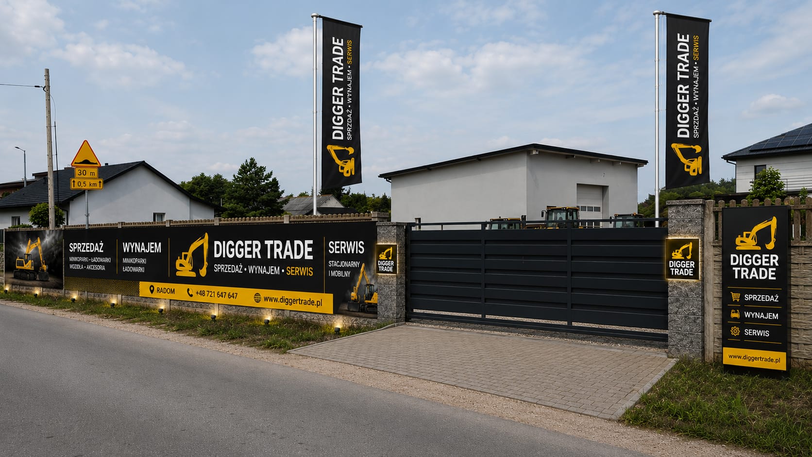 Zaplecze firmy Digger Trade zajmującej się sprzedażą, wynajmem i serwisem minikoparek